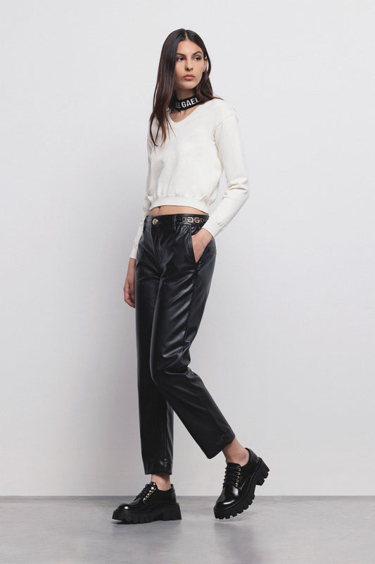 Black Faux Leather Chino Pants - Gaëlle Paris