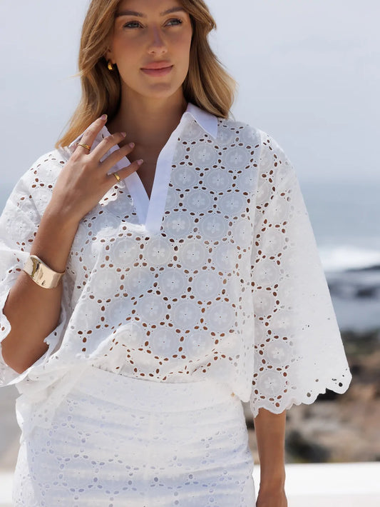 Tunic in embroidered fabric with collar - Scripta