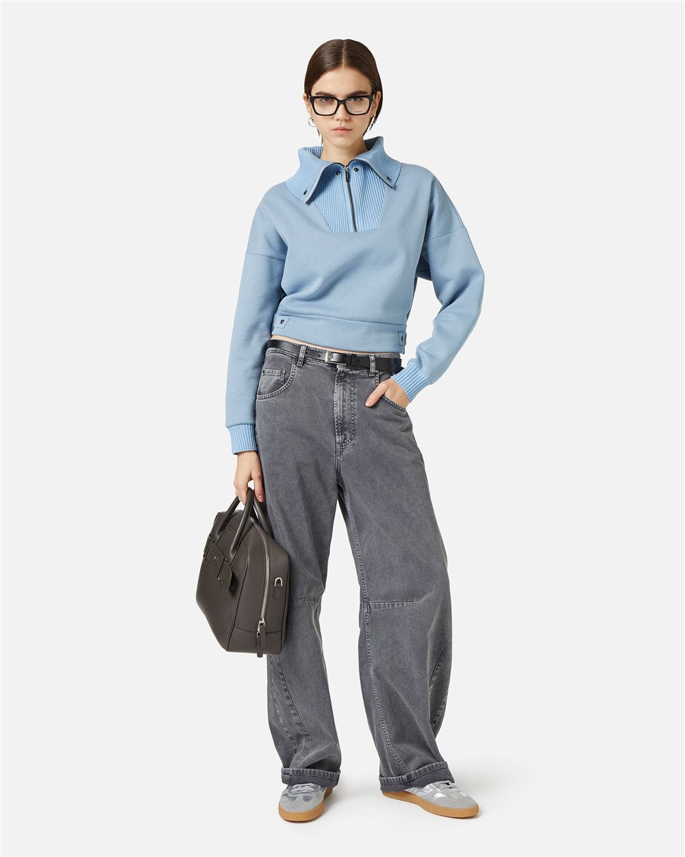 Sweatshirt Cropped em Algodão Sustentável com Gola Maxi em Malha Baunilha – Iceberg