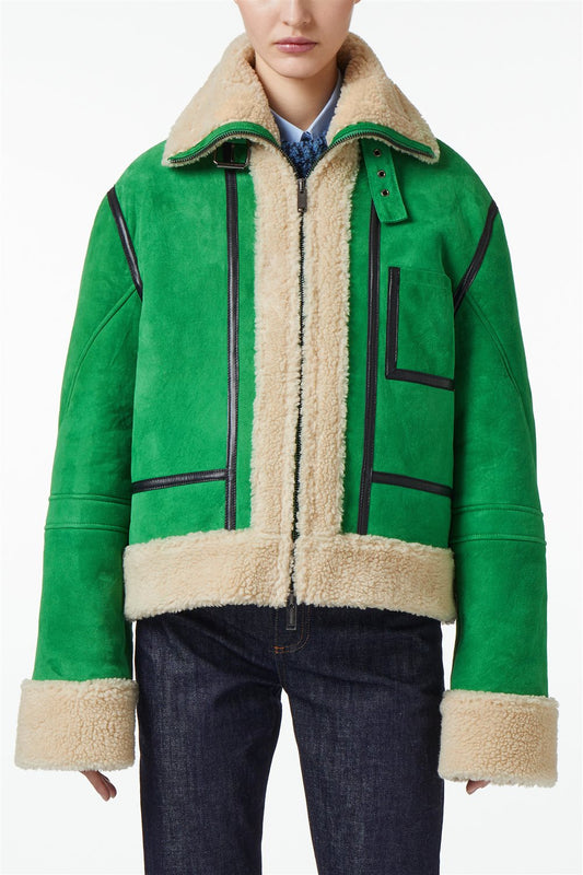 Casaco Oversized em Camurça Verde-Lattuga com Acabamentos em Pele – Iceberg