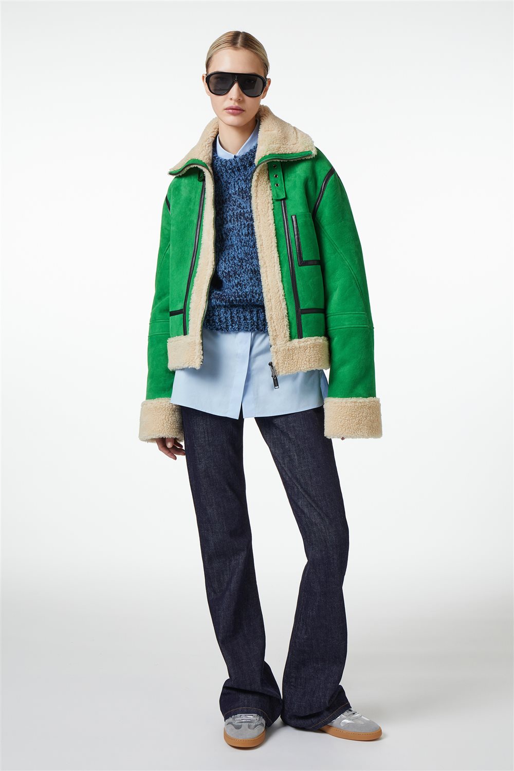 Casaco Oversized em Camurça Verde-Lattuga com Acabamentos em Pele – Iceberg