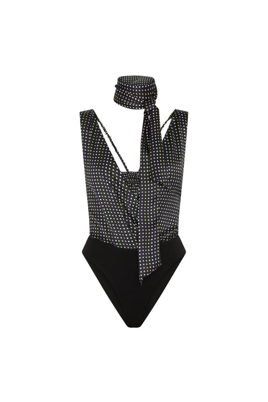 Brenda Black Bow Bodysuit with Polka Dots -