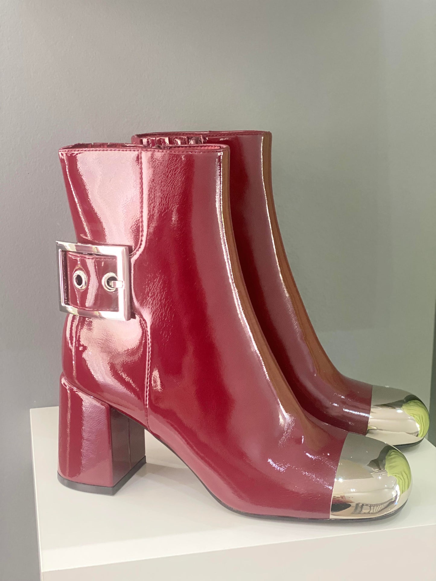 Red Patent Leather Mid-Heel Boot with Silver Detail - Jeffrey Campbell