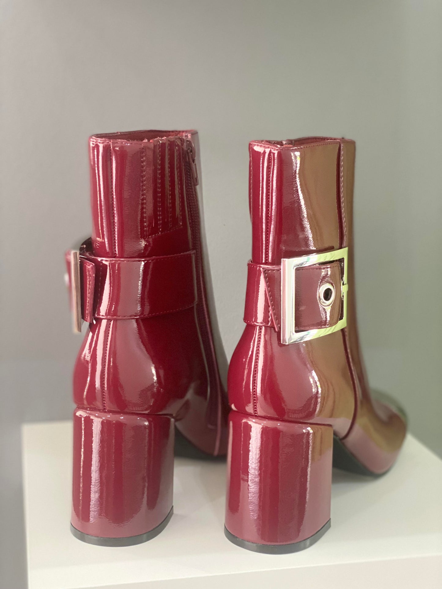 Red Patent Leather Mid-Heel Boot with Silver Detail - Jeffrey Campbell
