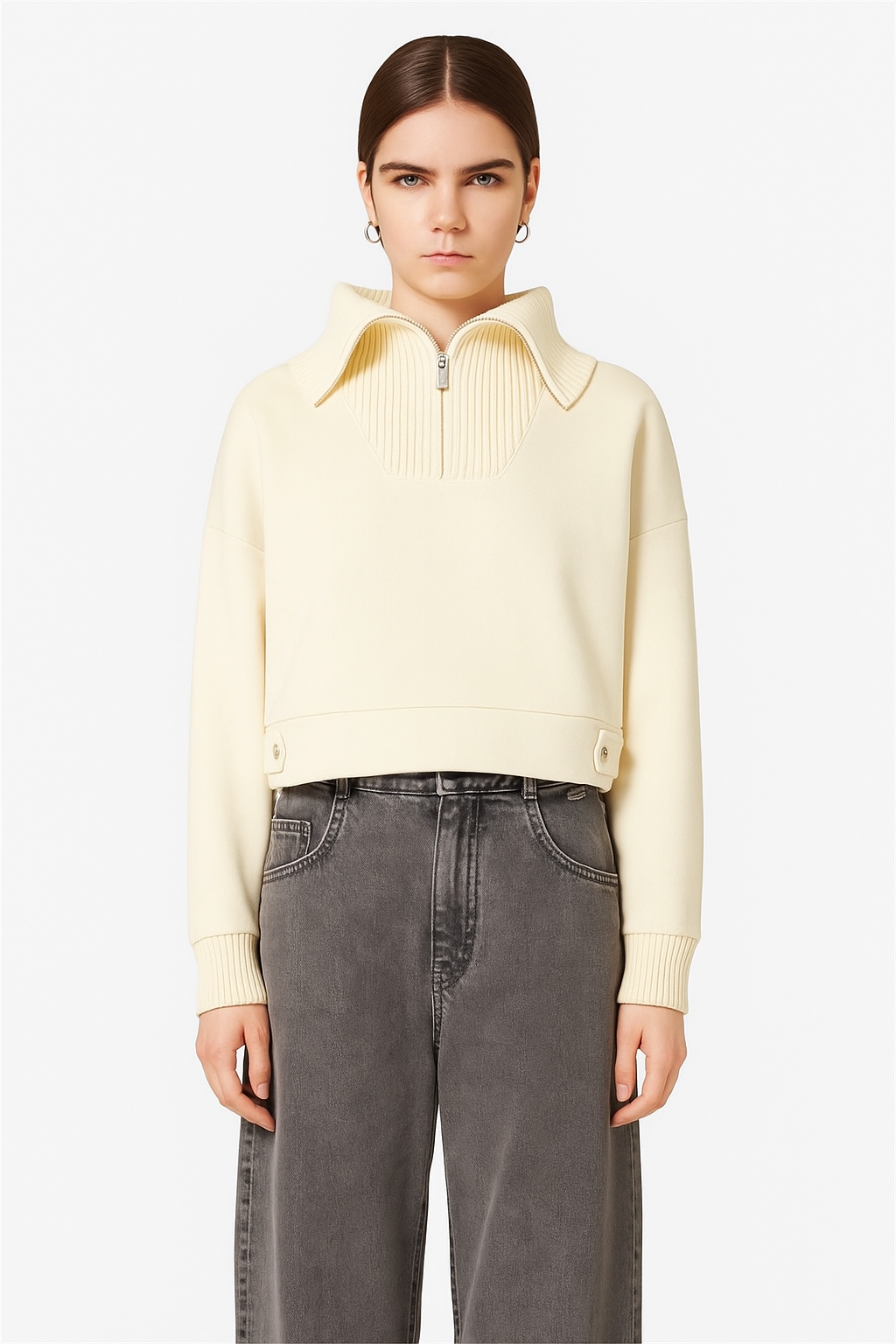 Sweatshirt Cropped em Algodão Sustentável com Gola Maxi em Malha Baunilha – Iceberg