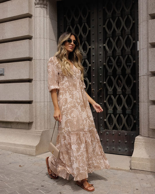 Printed Long Dress with Frill - Scripta