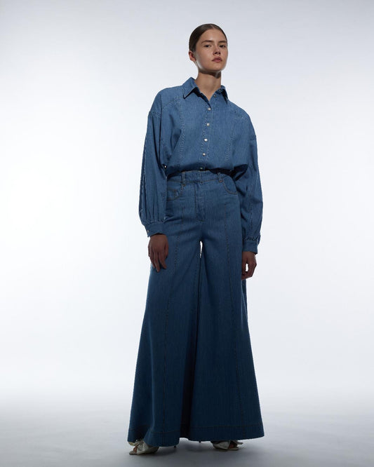 Calças Flare em Denim - Simona Corsellini