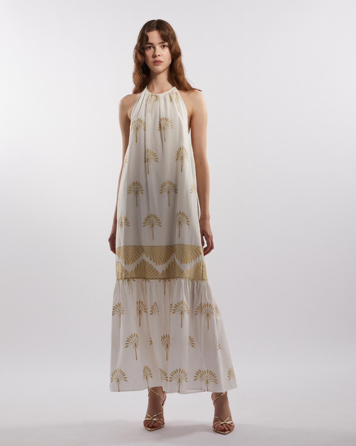 Vestido Longo com Estampa Dourada - Simona Corsellini
