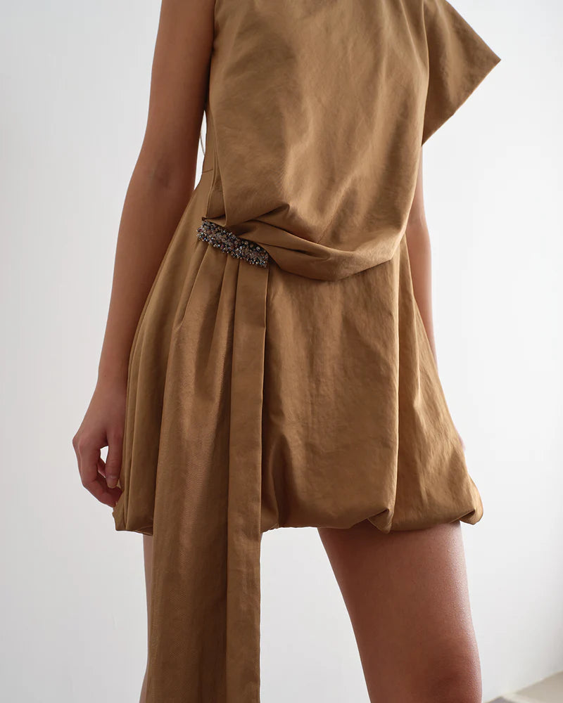Vestido Curto Drapeado Com Aplicação De Joia - Jijil