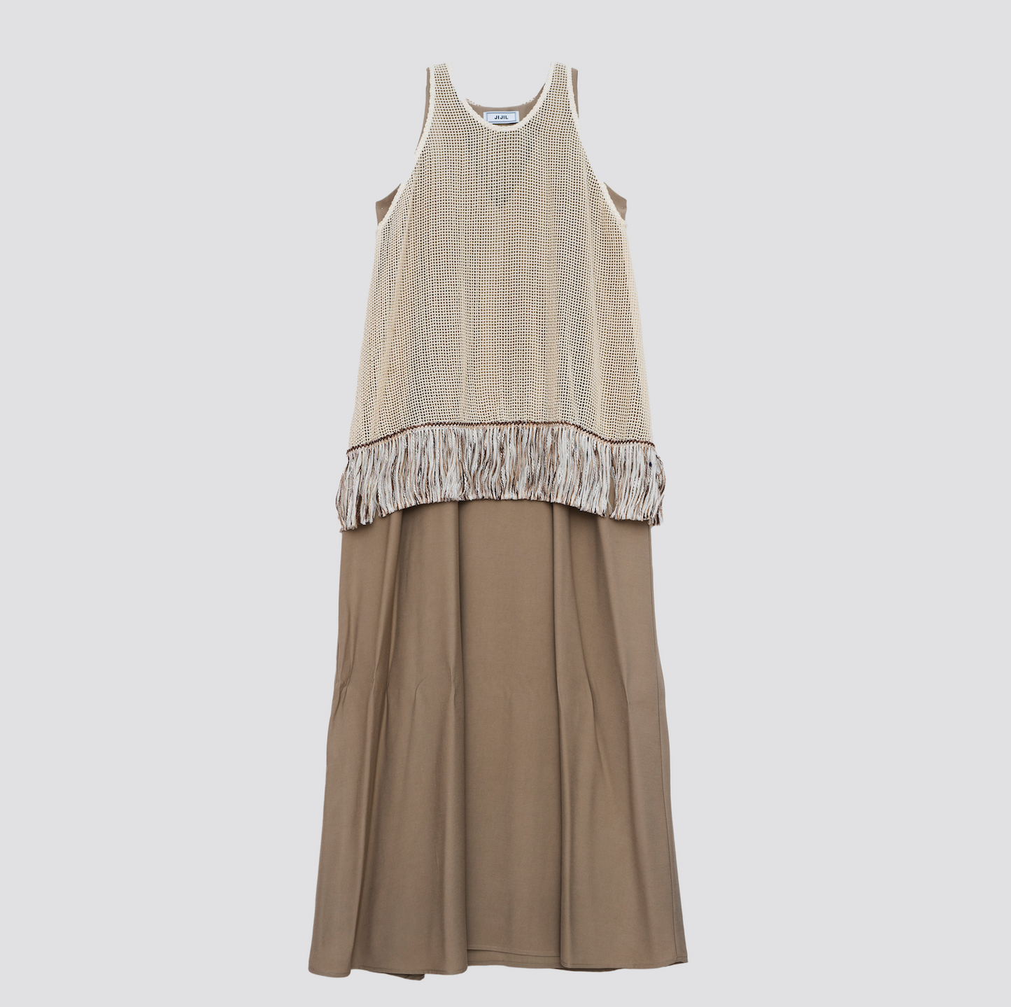 Vestido longo com franjas e textura artesanal - Jijil