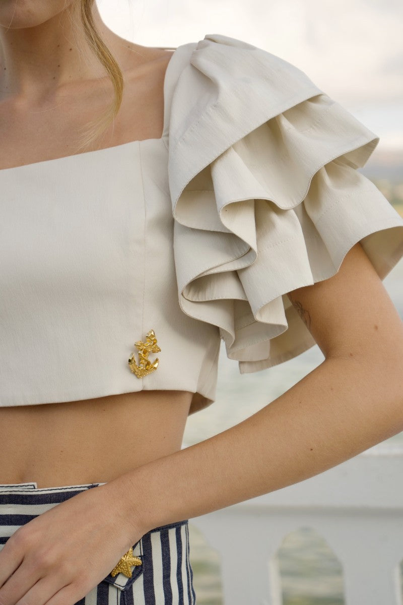 Top Cropped Com Folhos E Detalhe Dourado – Highly Preppy