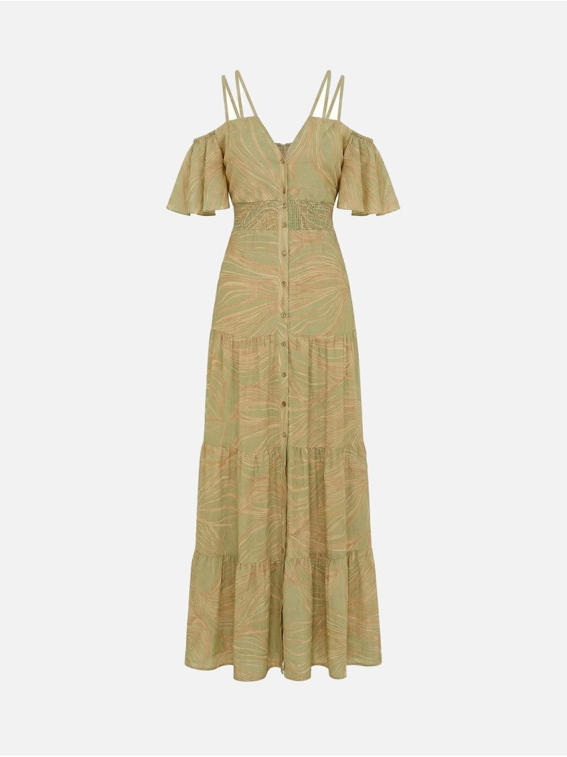 Vestido Comprido Estampado Com Ombros Descobertos – Scripta