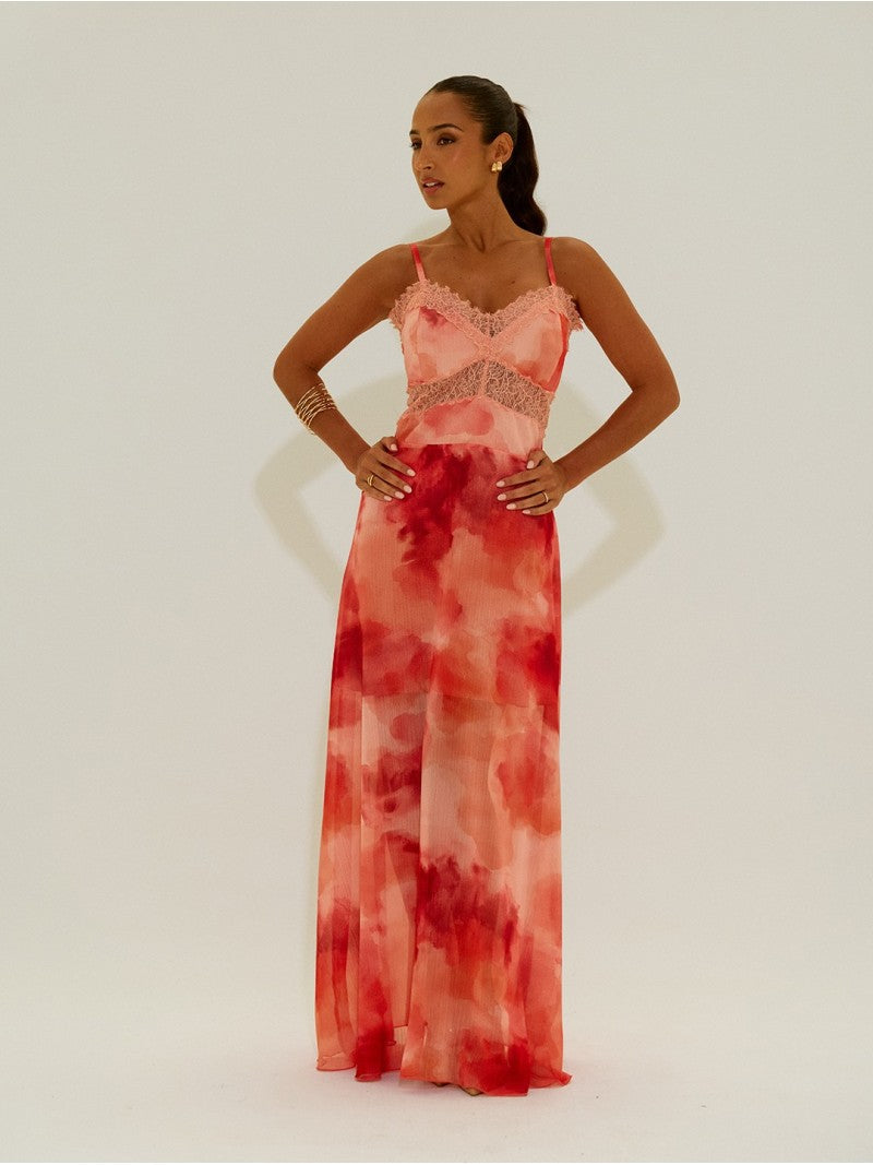 Vestido comprido tye dye com detalhes em renda - Scripta