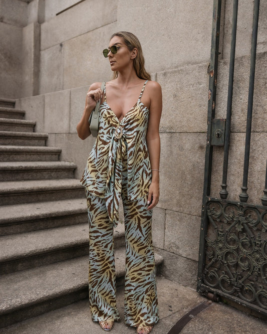 PANTALON IMPRIMÉ ZÈBRE NUANCES VERTES - Scripta
