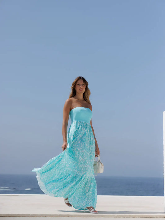Vestido estampado comprido sem alças