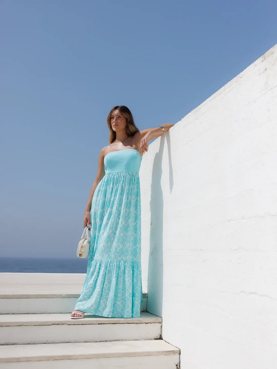 Vestido estampado comprido sem alças