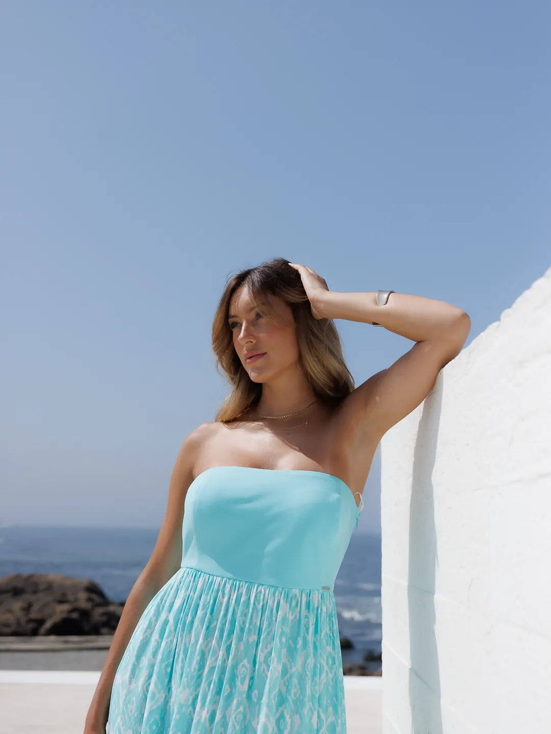Vestido estampado comprido sem alças