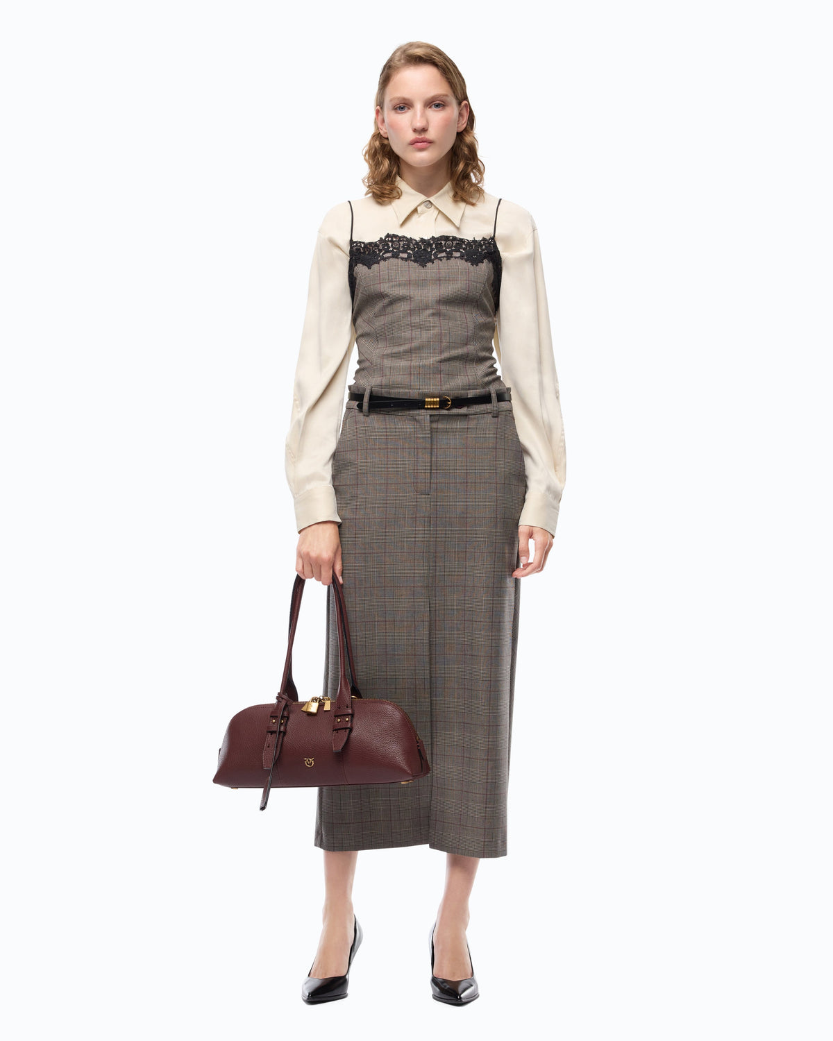 Top Xadrez com Renda – Pinko - Bege/Bordeaux/Preto