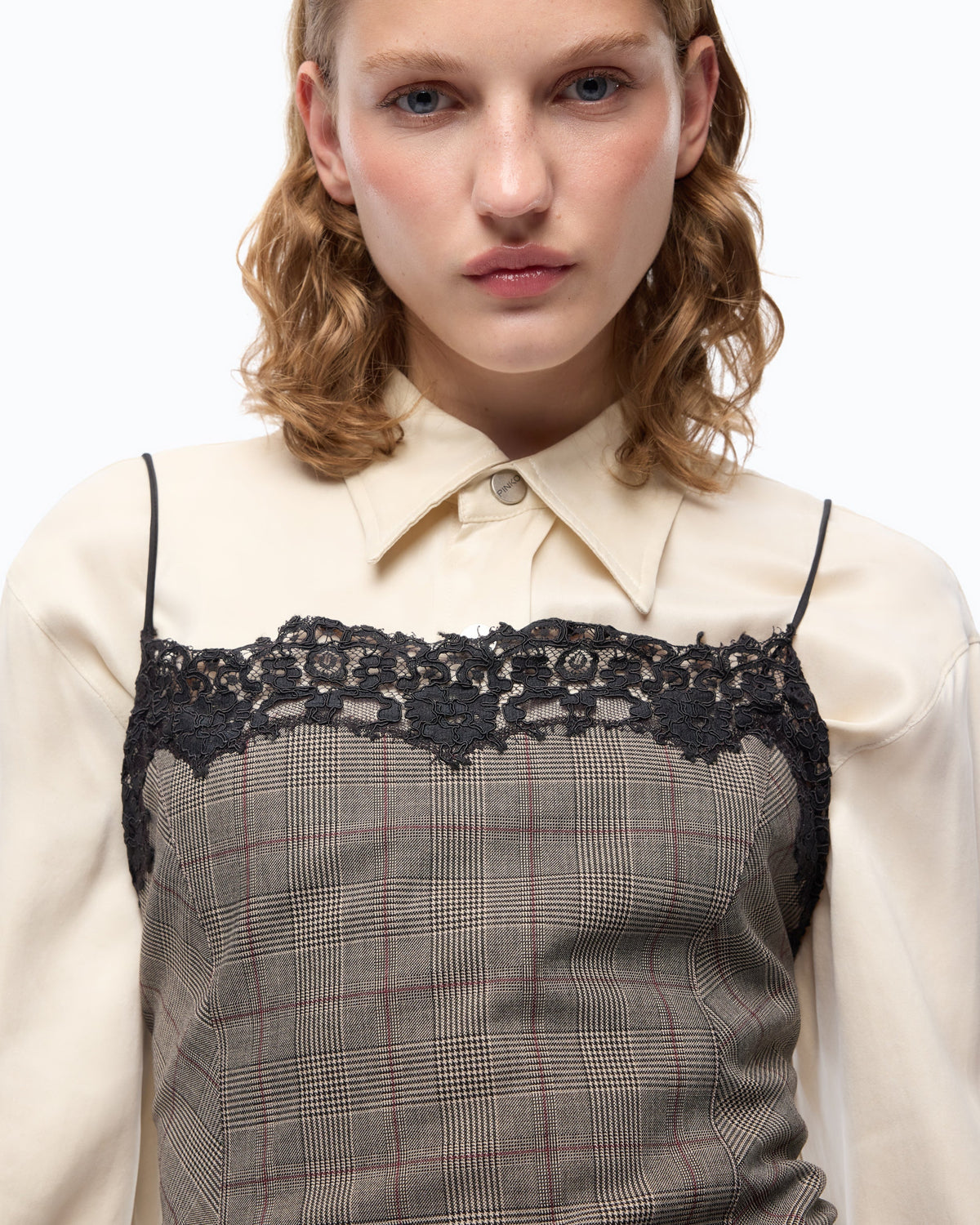 Top Xadrez com Renda – Pinko - Bege/Bordeaux/Preto