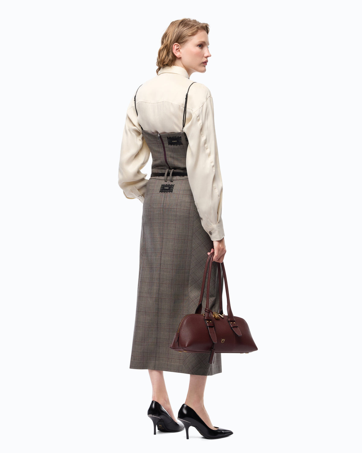 Top Xadrez com Renda – Pinko - Bege/Bordeaux/Preto