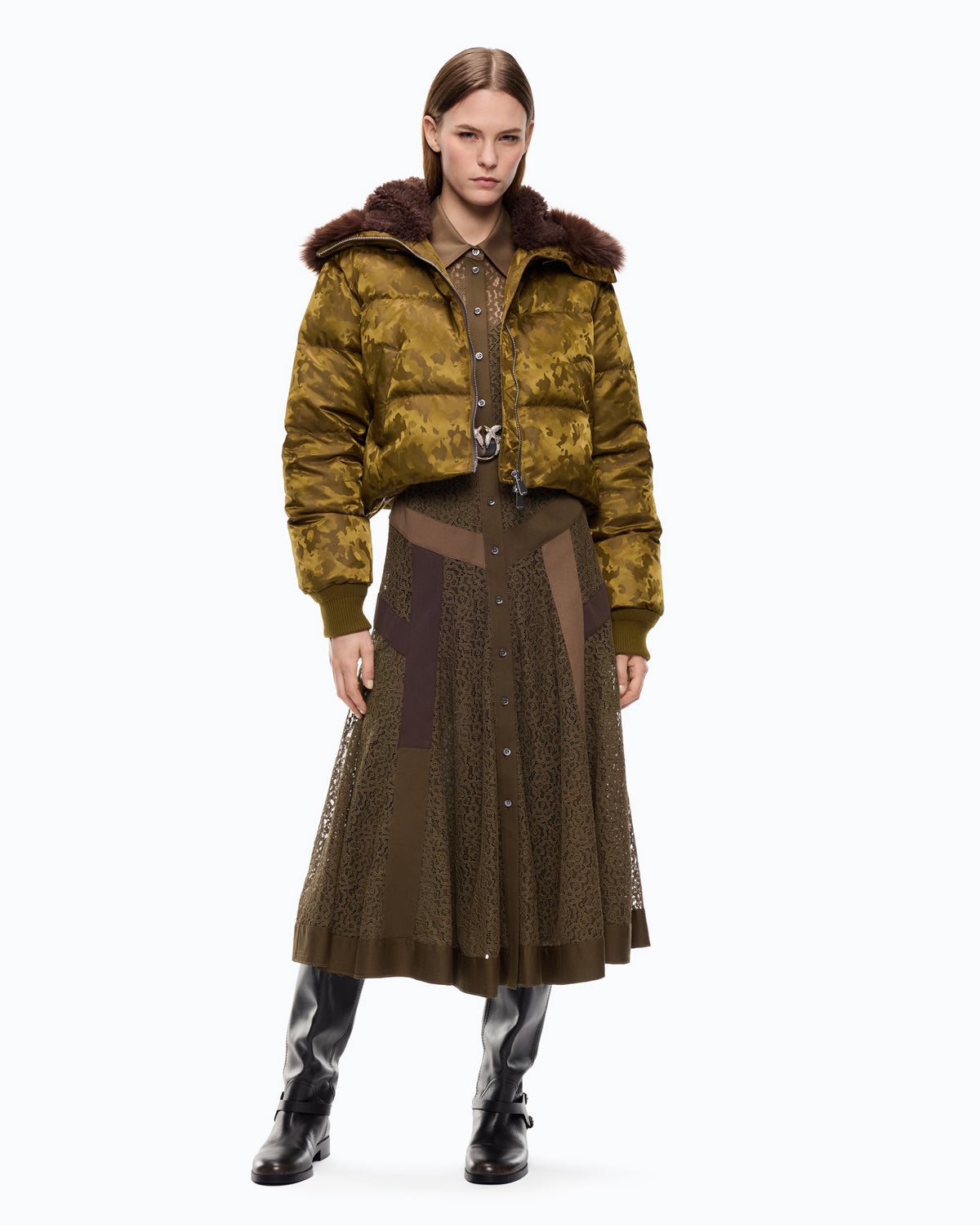 Blusão Acolchoado em Cetim Camuflado - Pinko