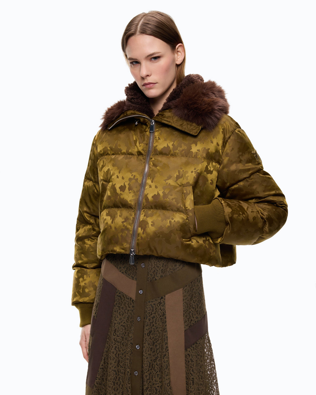 Blusão Acolchoado em Cetim Camuflado - Pinko