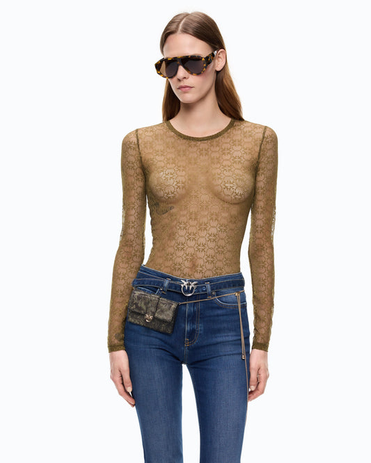 Camisola em Renda Stretch Love Birds – Pinko - Verde-azeitona Escuro