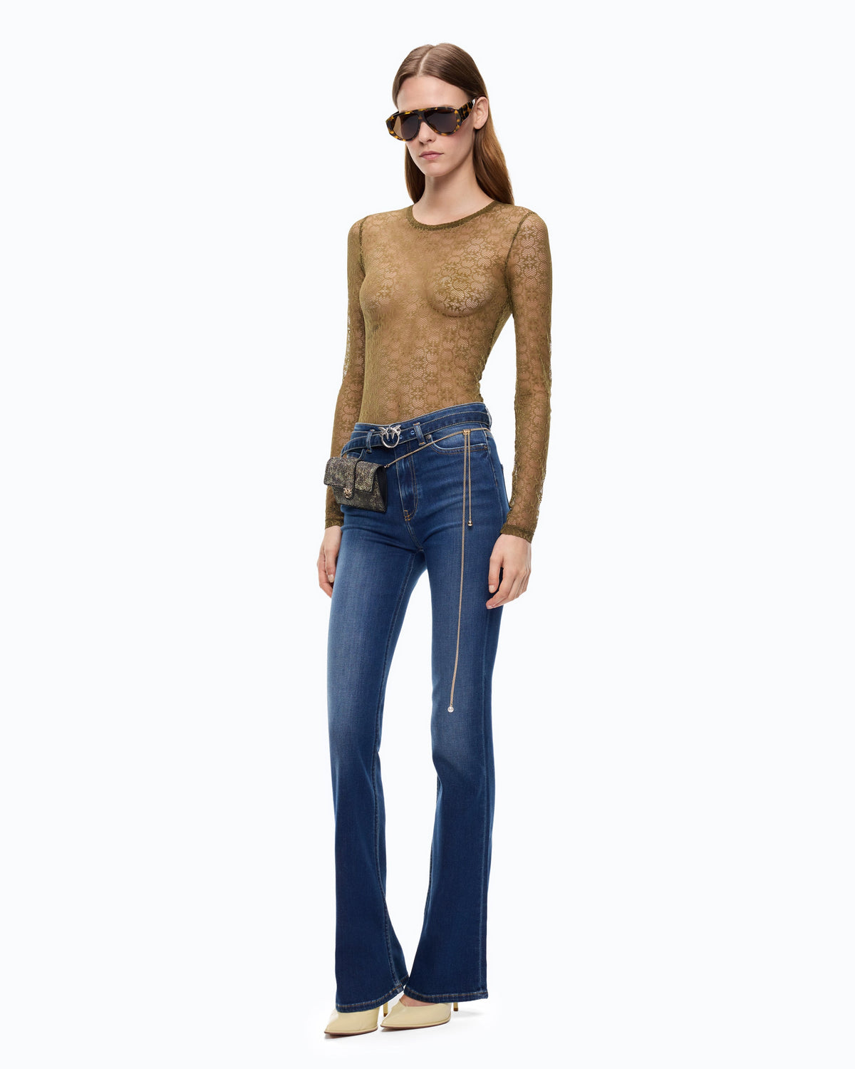 Camisola em Renda Stretch Love Birds – Pinko - Verde-azeitona Escuro