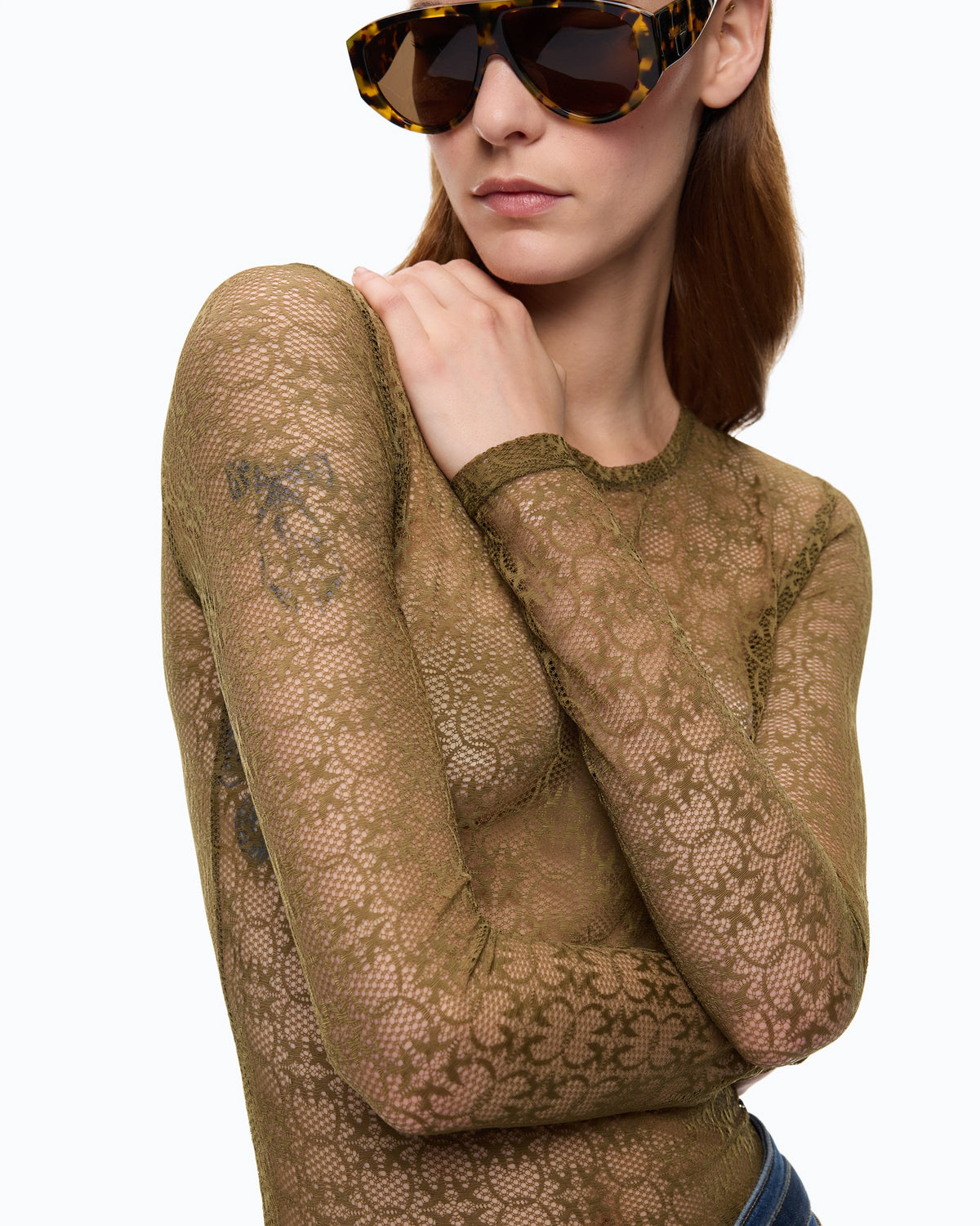 Camisola em Renda Stretch Love Birds – Pinko - Verde-azeitona Escuro
