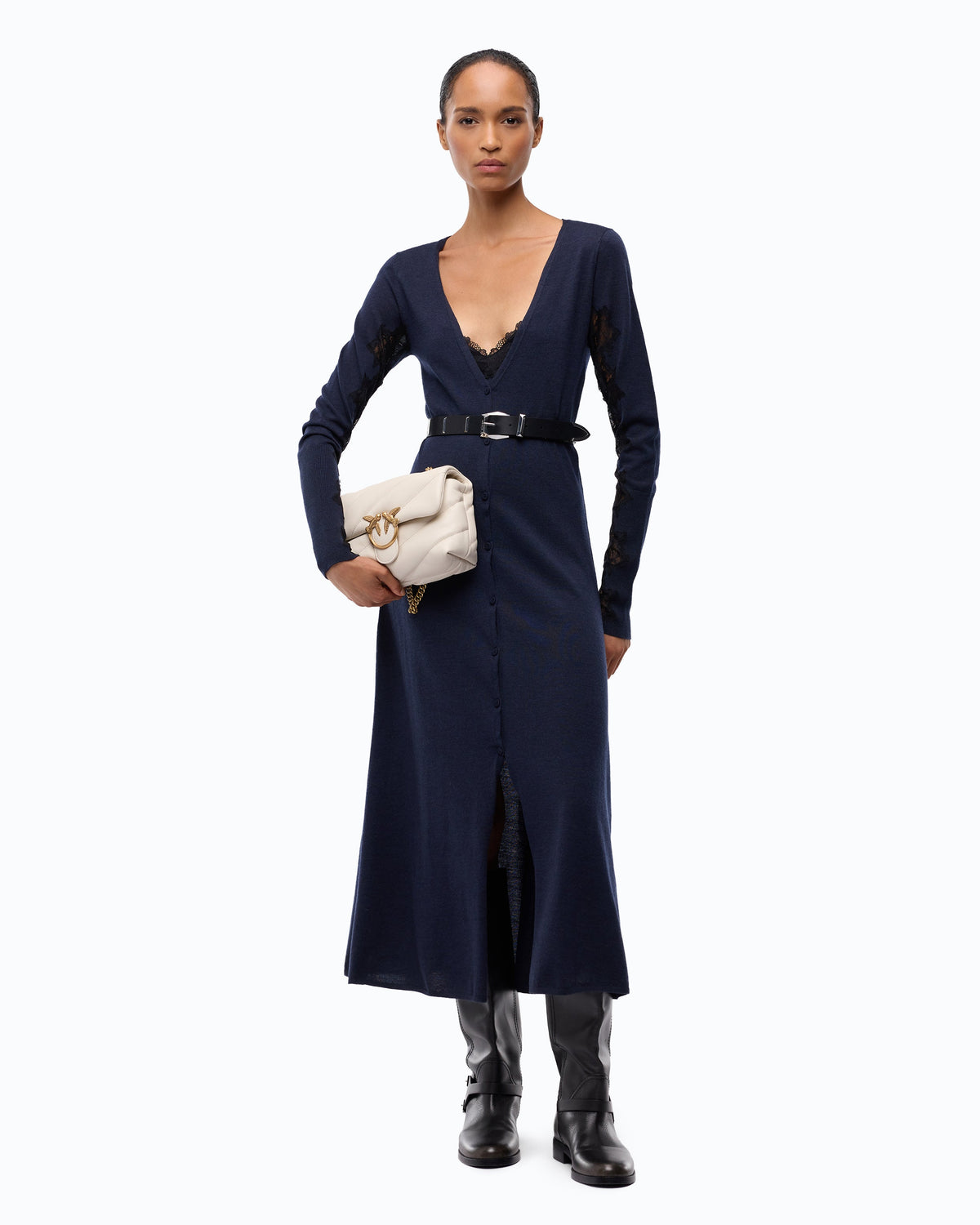 Vestido Midi em Lã com Detalhes de Renda – Pinko - Azul-marinho Profundo