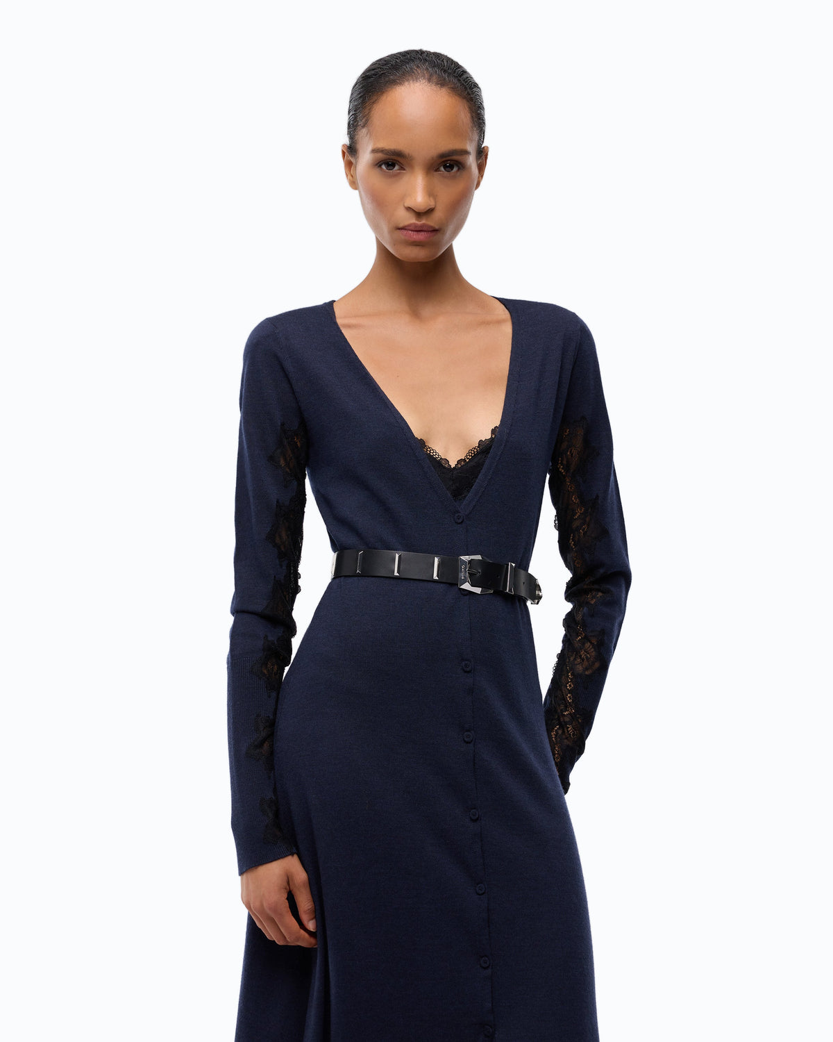 Vestido Midi em Lã com Detalhes de Renda – Pinko - Azul-marinho Profundo
