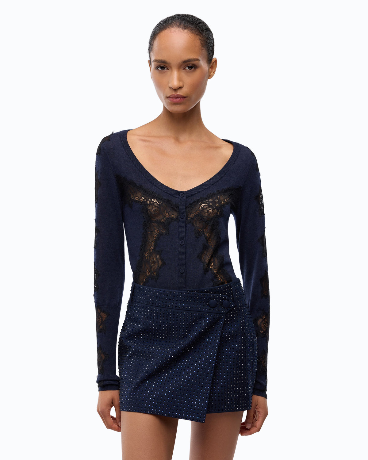 Cardigan de Lã com Aplicações de Renda – Pinko - Azul-marinho Profundo