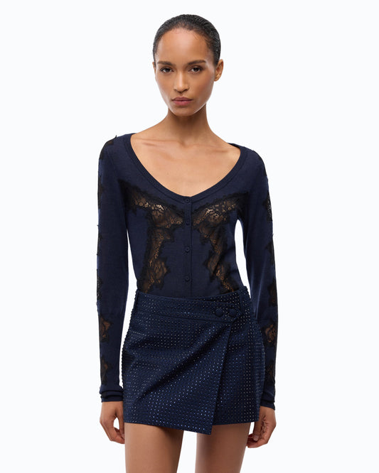 Cardigan de Lã com Aplicações de Renda – Pinko - Azul-marinho Profundo