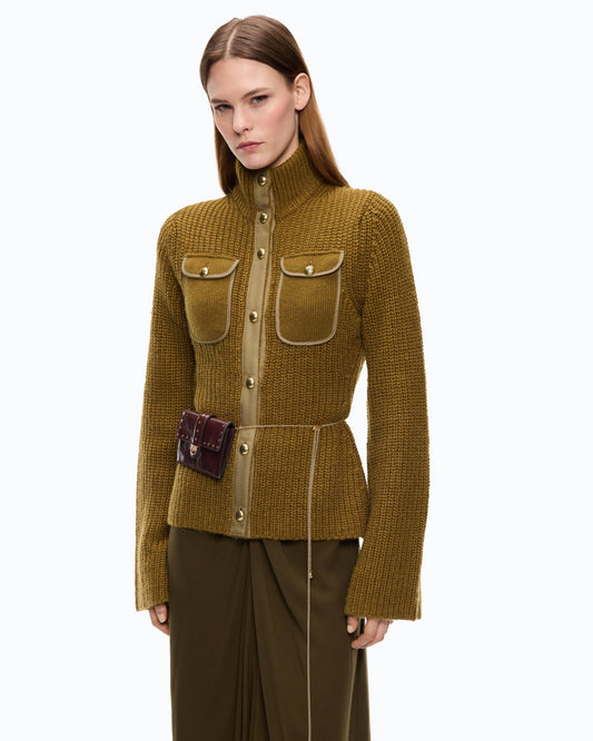 Cardigan Canelado com Bolsos – Pinko - Verde Lizard