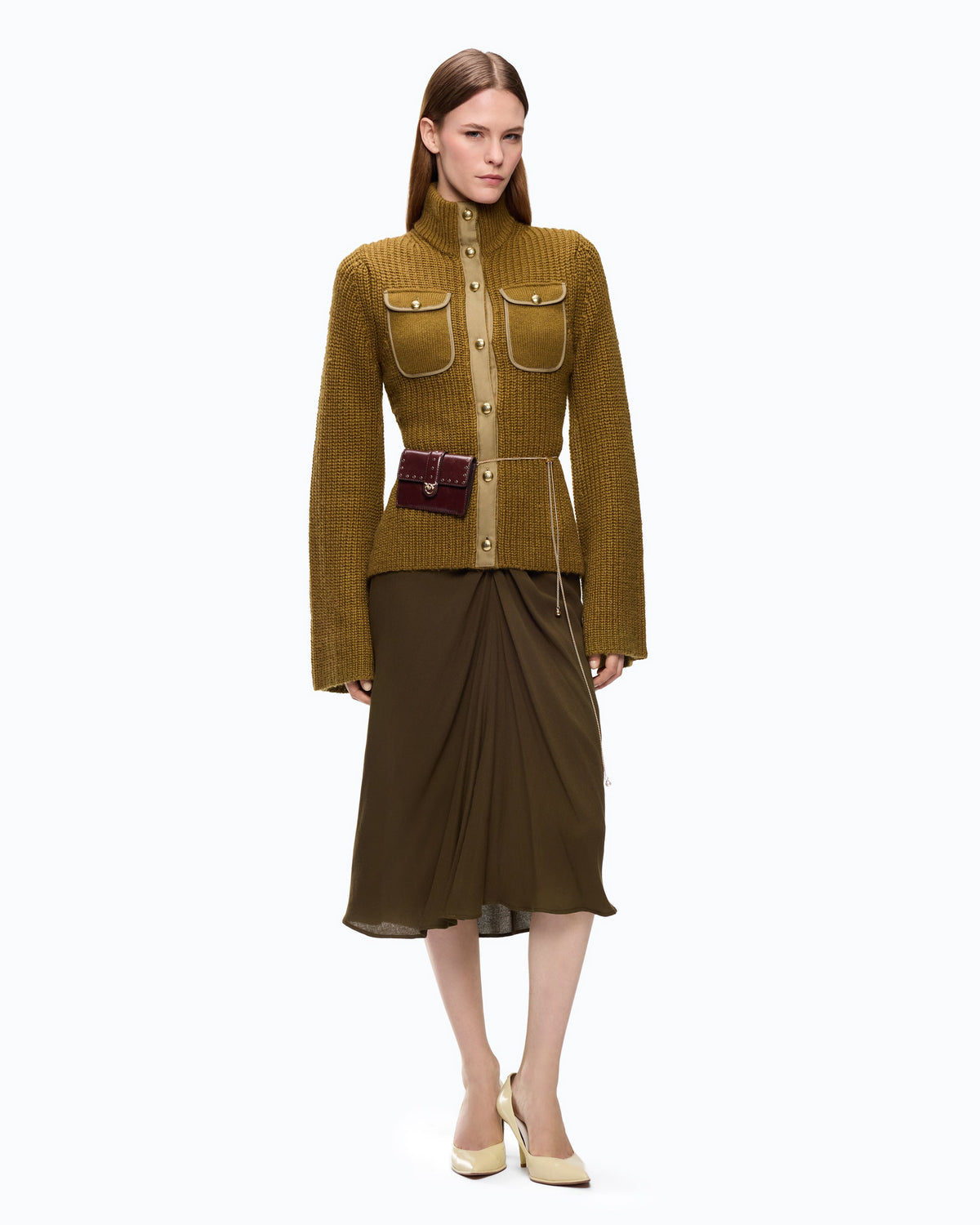 Cardigan Canelado com Bolsos – Pinko - Verde Lizard