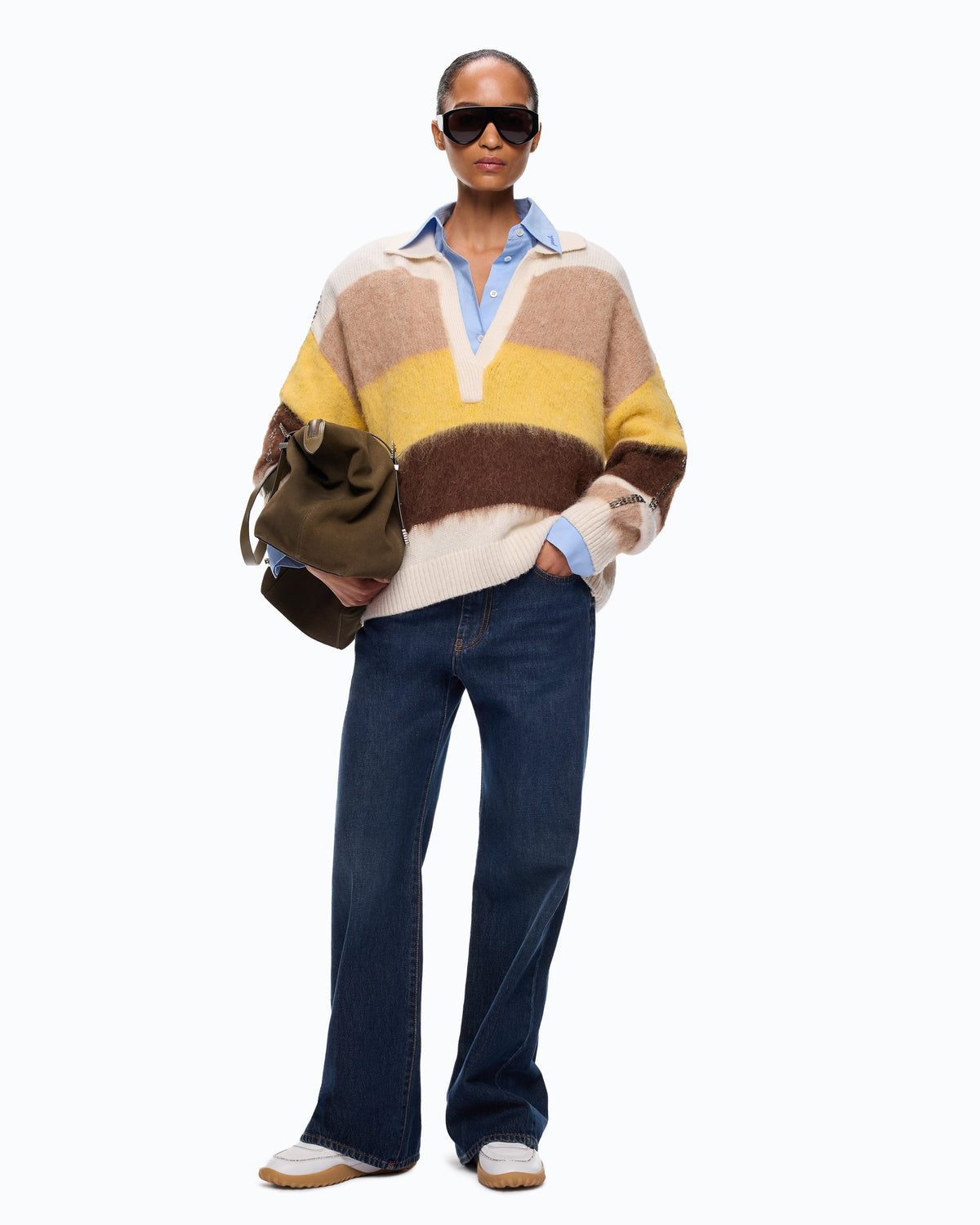 Camisola às Riscas em Mistura de Alpaca – Pinko - Branco/Castanho/Amarelo