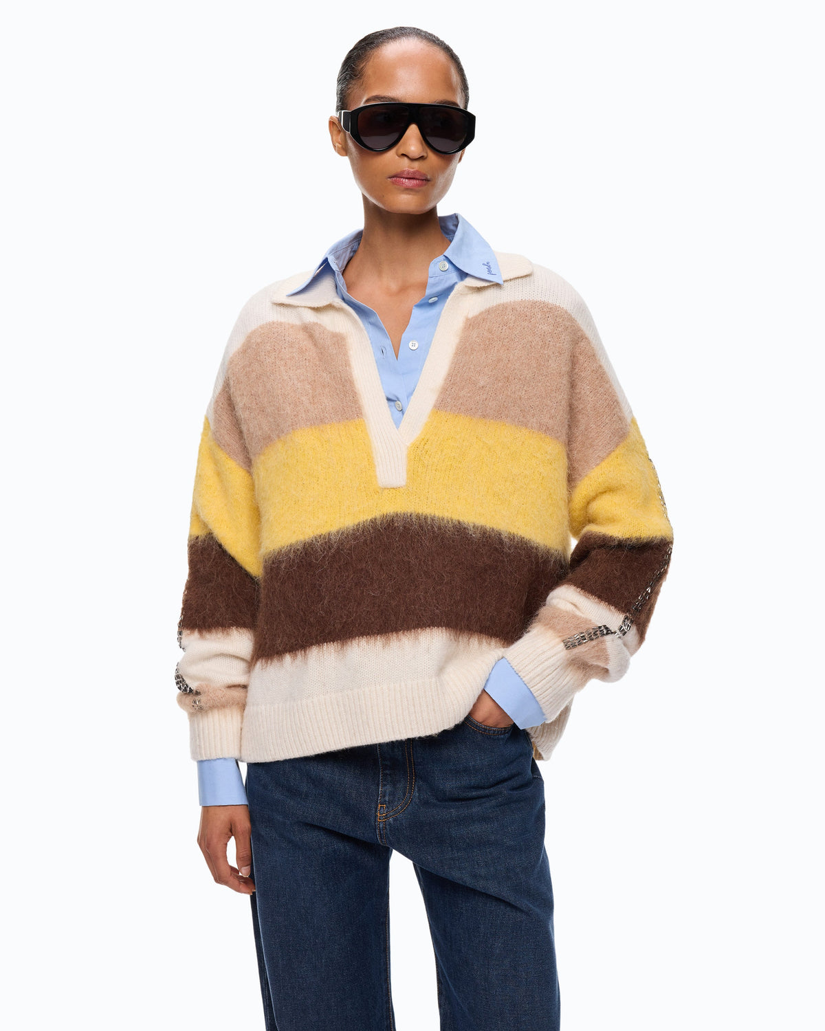 Camisola às Riscas em Mistura de Alpaca – Pinko - Branco/Castanho/Amarelo