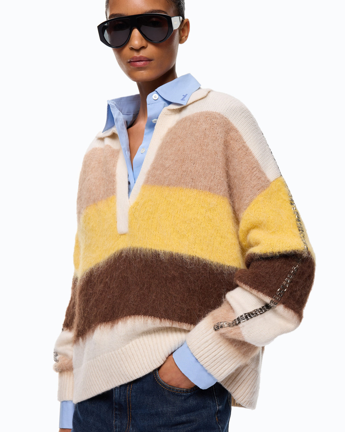 Camisola às Riscas em Mistura de Alpaca – Pinko - Branco/Castanho/Amarelo
