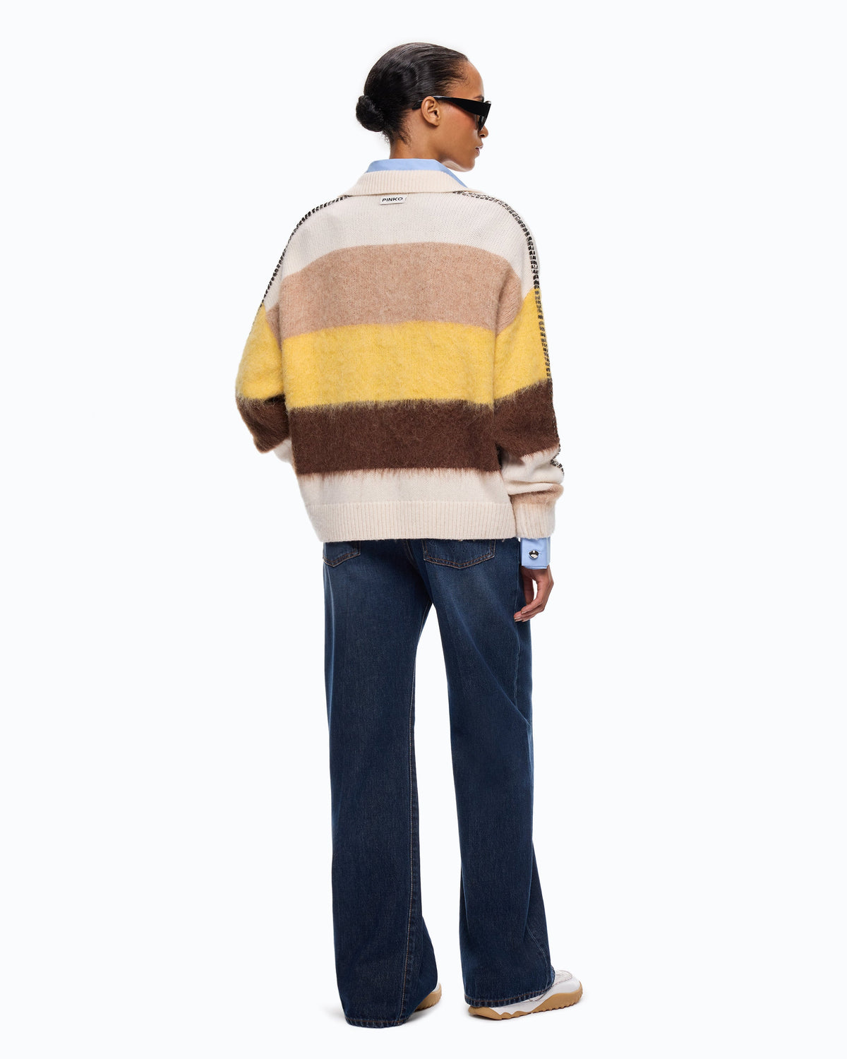 Camisola às Riscas em Mistura de Alpaca – Pinko - Branco/Castanho/Amarelo