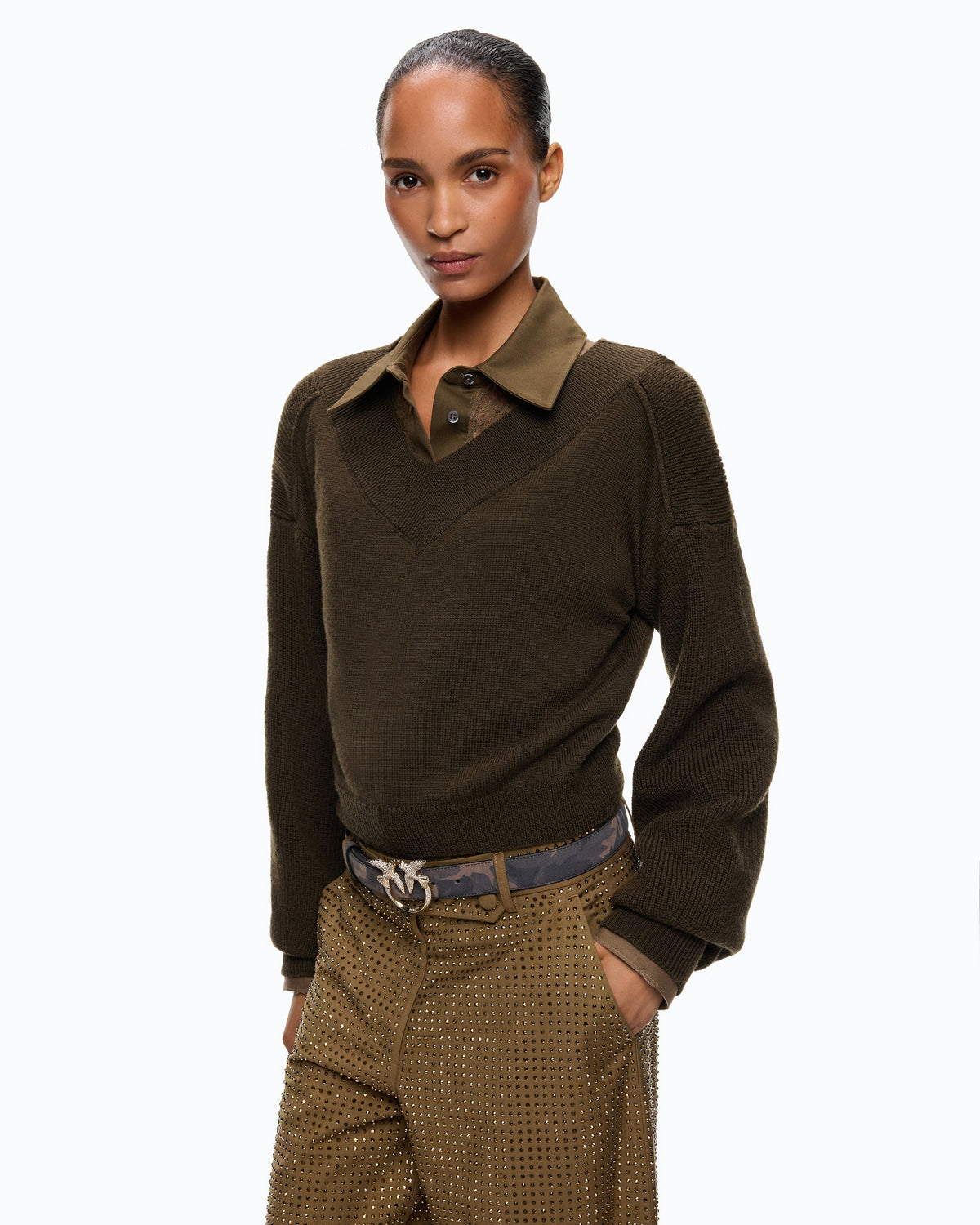 Camisola Cropped em Lã com Mangas Balão – Pinko - Forest Night