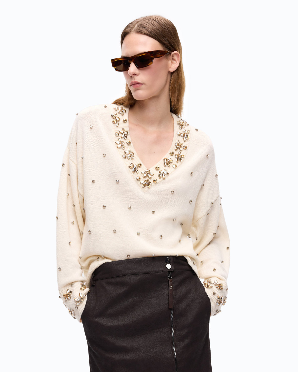 Camisola de Lã e Caxemira com Aplicações Joia – Pinko - Branco Purity
