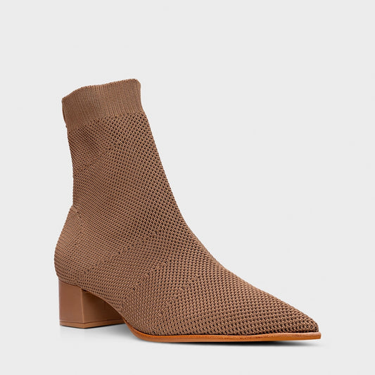 Bota Meia Salto Bloco Knit Marrom Honey - Carrano