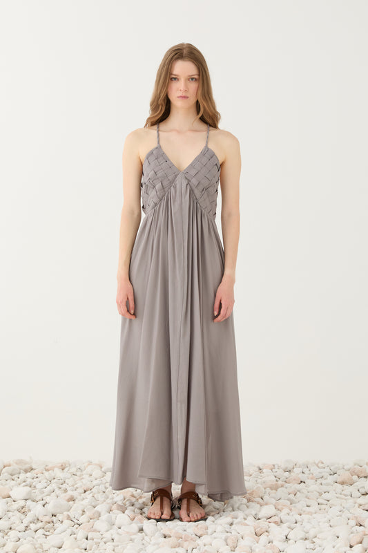 Vestido Longo Fluido com Corpete Texturizado – Eleh