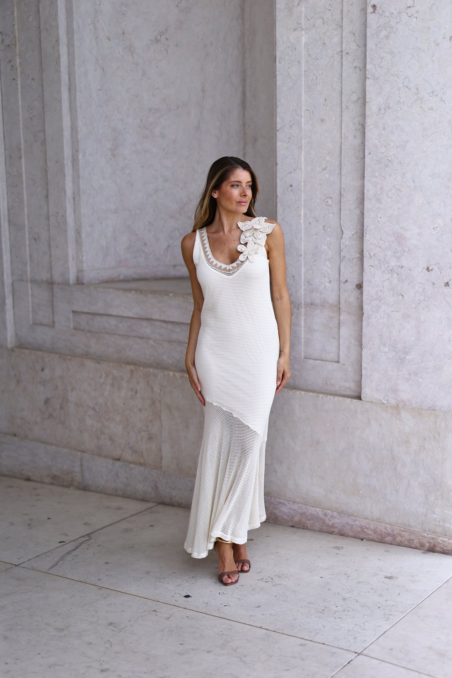 Vestido Comprido Em Malha Com Aplicações Florais – Pho Firenze