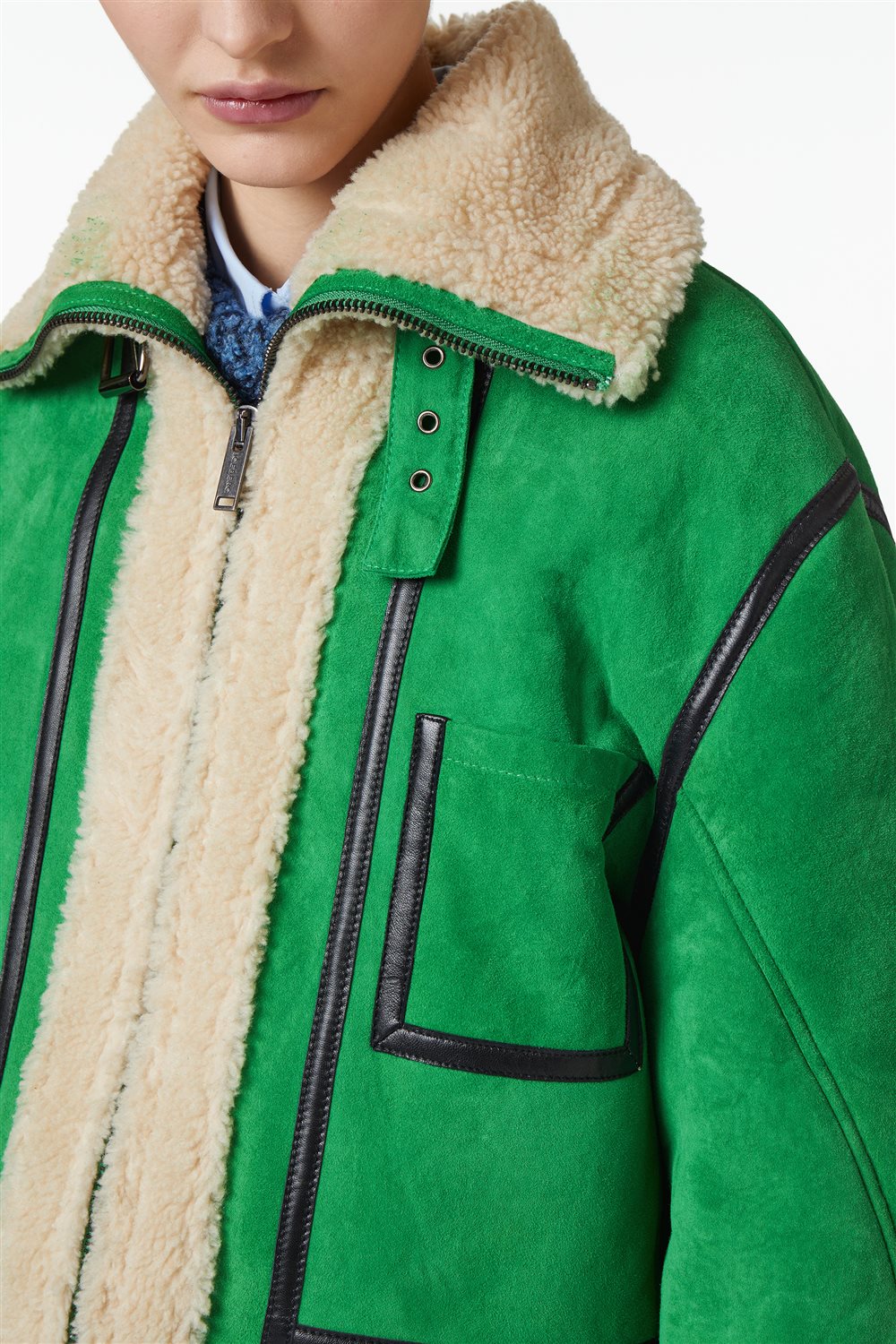 Casaco Oversized em Camurça Verde-Lattuga com Acabamentos em Pele – Iceberg