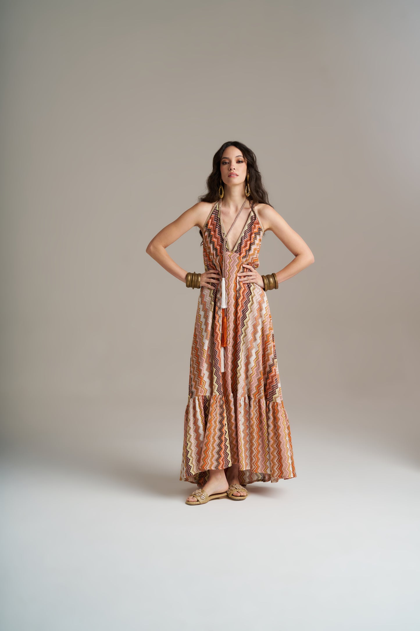 Vestido Comprido Em Malha Com Lurex E Padrão Multicolor – Pho Firenze