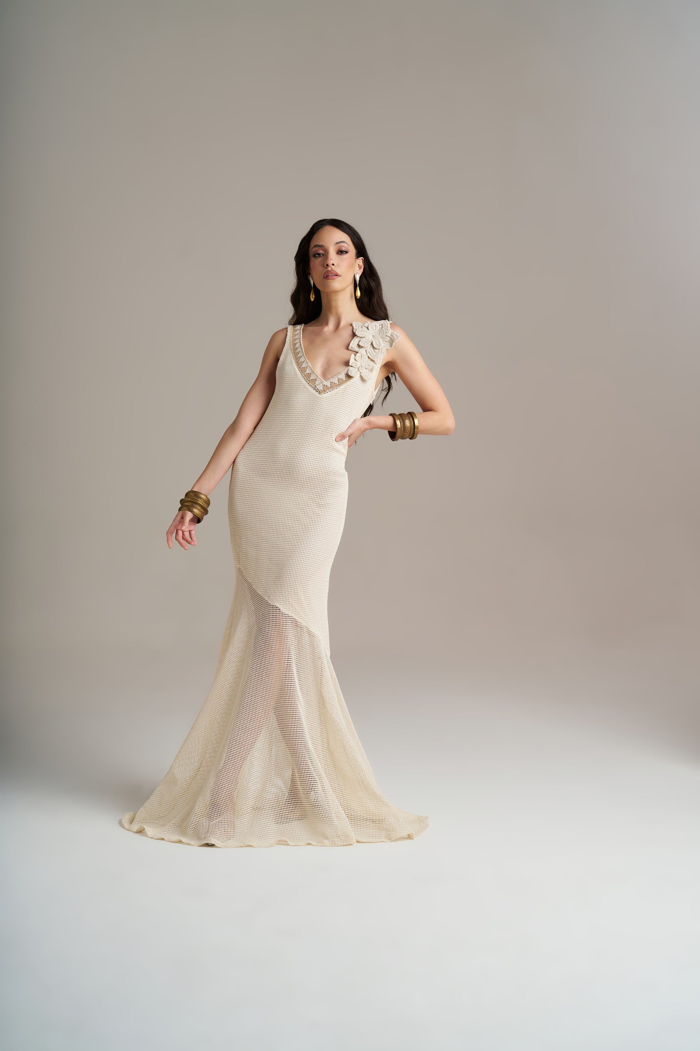 Vestido Comprido Em Malha Com Aplicações Florais – Pho Firenze