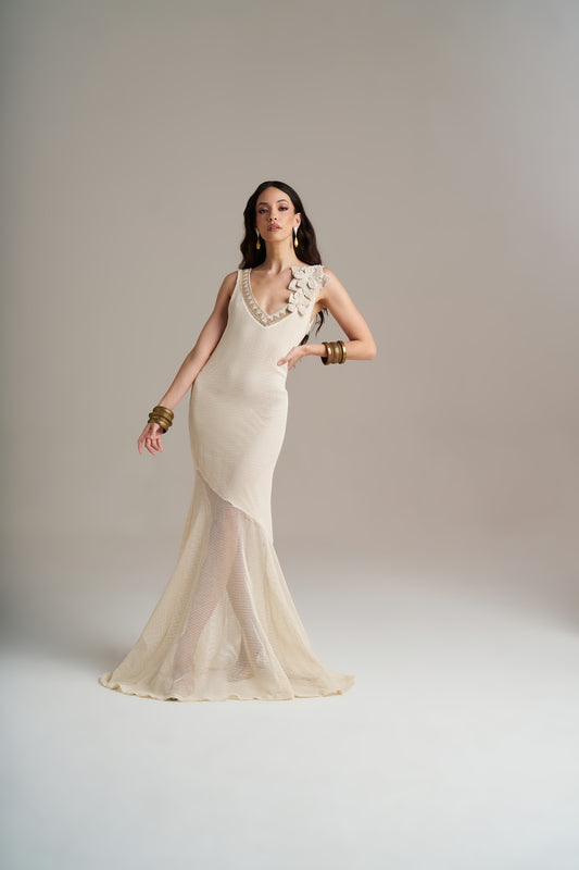 Vestido Comprido Em Malha Com Aplicações Florais – Pho Firenze
