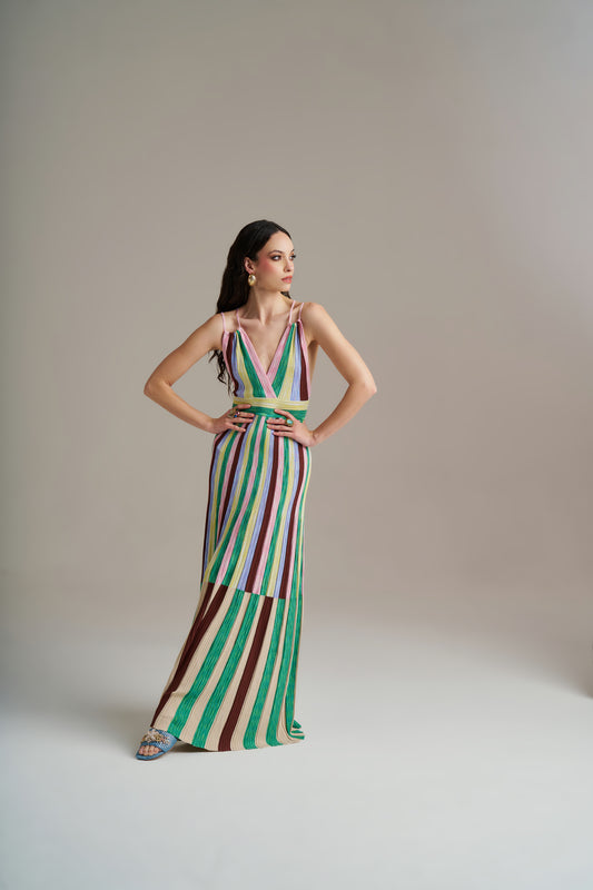Vestido Comprido Em Malha Multicolor Com Decote Em V – Pho Firenze