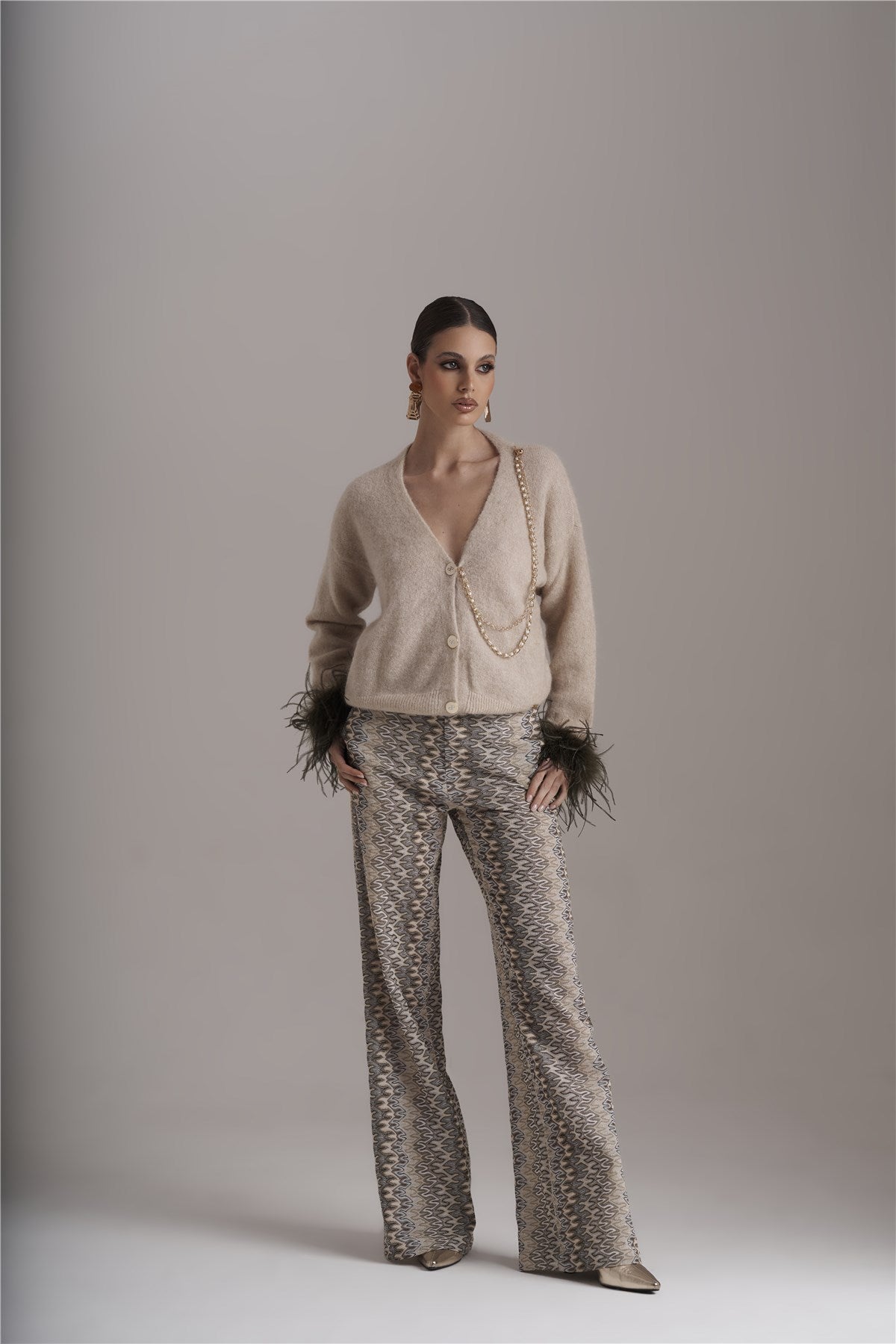 Cardigan Alpaca Lux Com Plumas nos Punhos - Pho Firenze